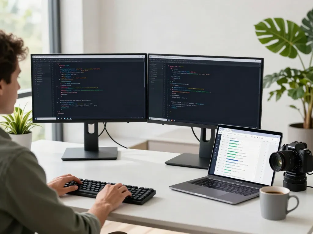 Developer optimizing v2rayN software in a modern tech workspace with dual monitors