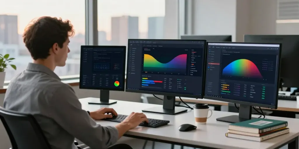 Data analyst using the Google Maps scraping tool by Outscraper in a modern office for data analysis and business insights.