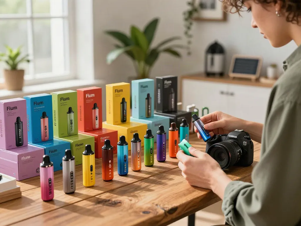 Flum disposable vapes displayed attractively in a vibrant e-commerce setting, showcasing colorful flavors.