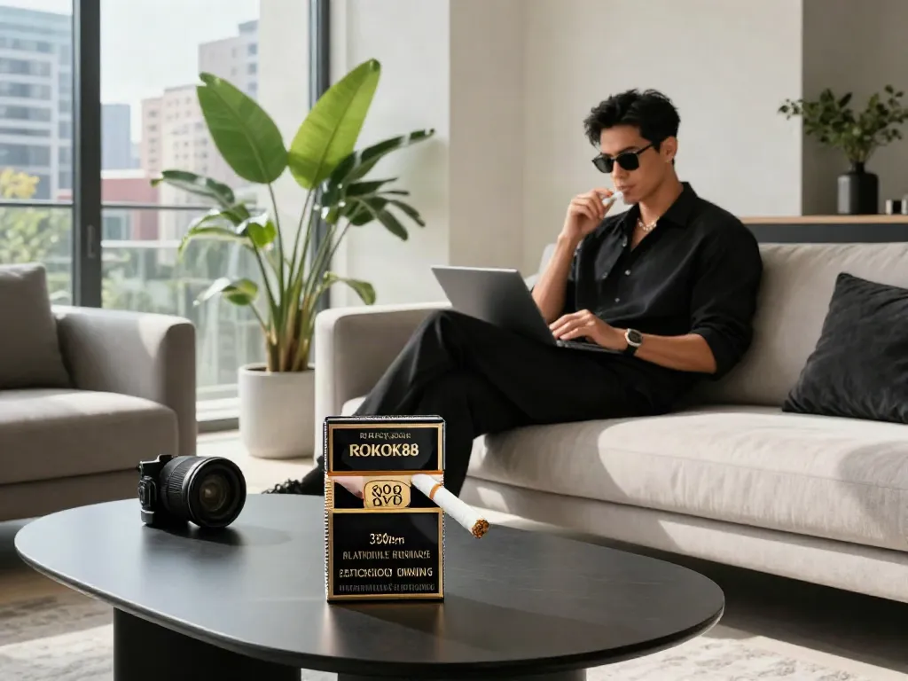 Stylish individual enjoying ROKOK88 cigarettes in a luxurious urban setting.