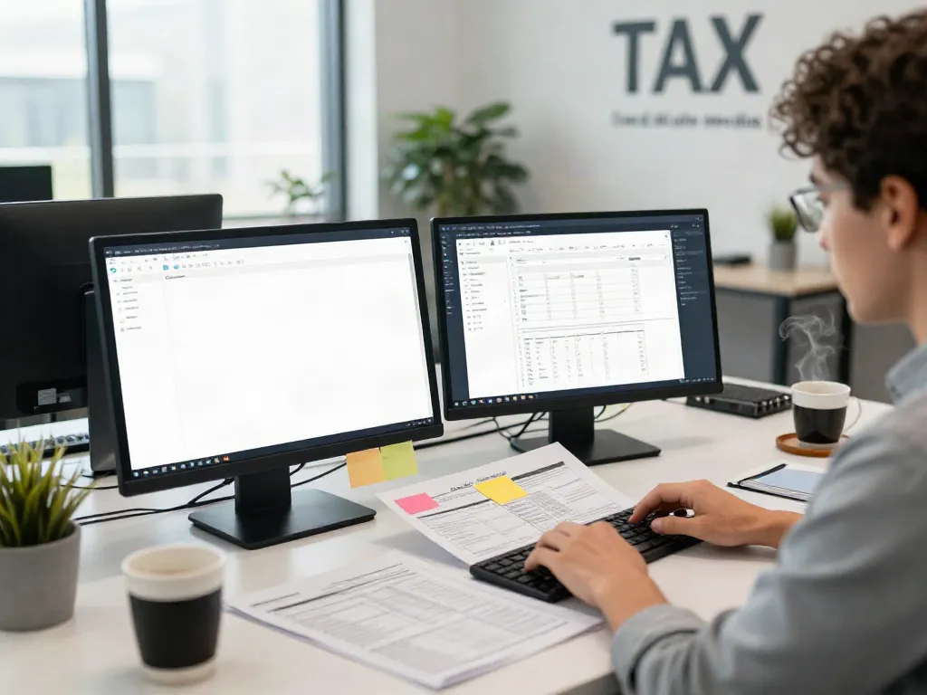 Expert tax preparer using tax software for multiple locations in a modern office.