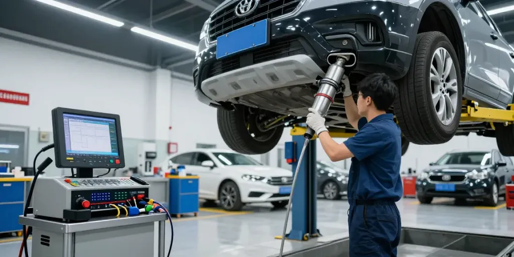 Professionelle DPF Reinigung in Hannover mit einem Techniker in einer Werkstatt.