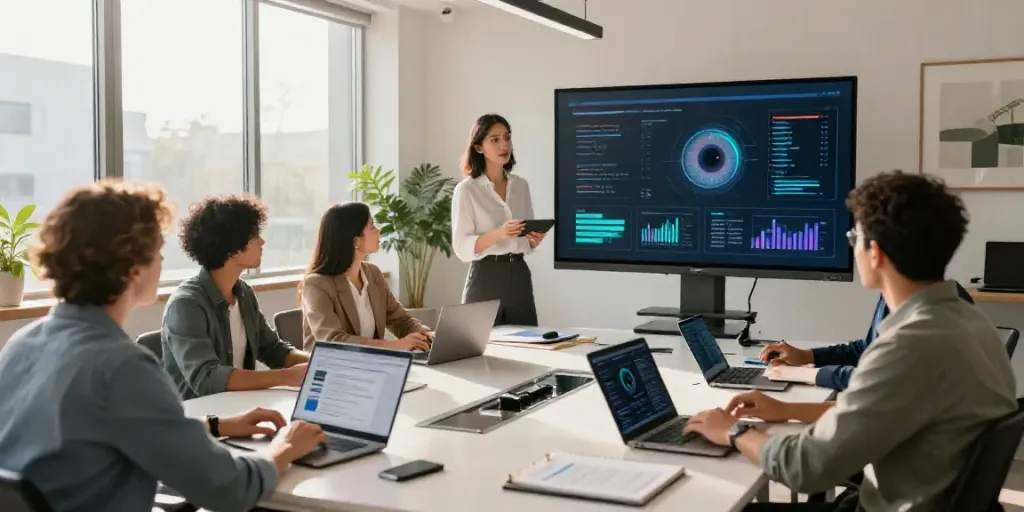 Diverse professionals in a modern office engaged in AI content generation collaboration, showcasing tools and analytics.