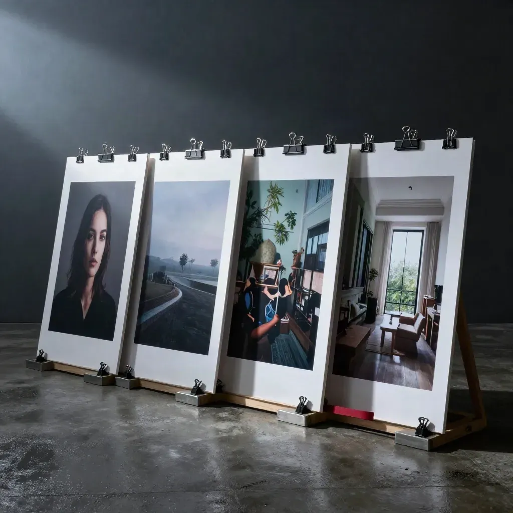 Oversized photographic prints lean across a concrete floor in blue-hour mist with dramatic light.