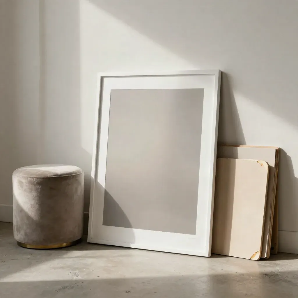 Studio portrait print leaning by a velvet stool with backdrop roll and proof boards.