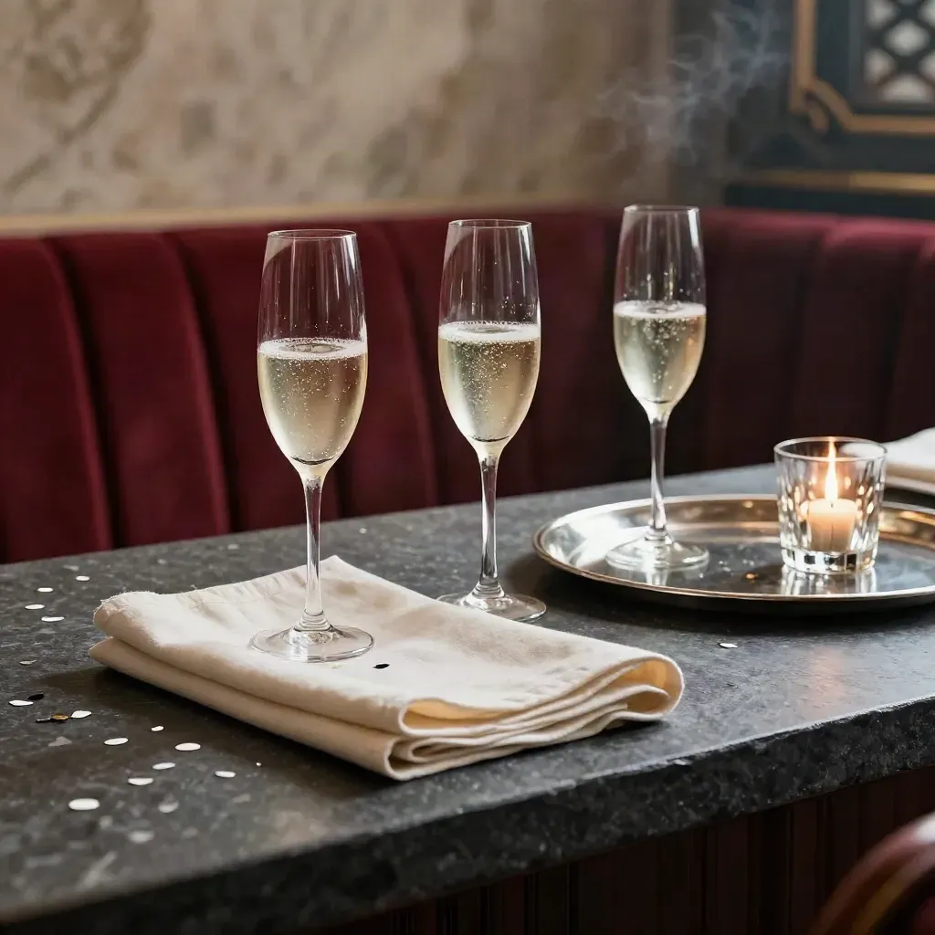 Afterglow gala bar vignette with champagne coupes, candle glass, linen, and confetti
