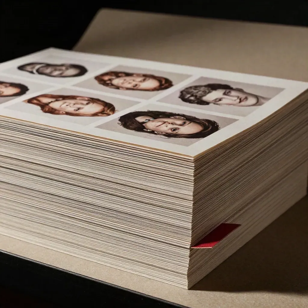 Stack of matched headshot proof prints on a studio shelf with a neutral board behind.
