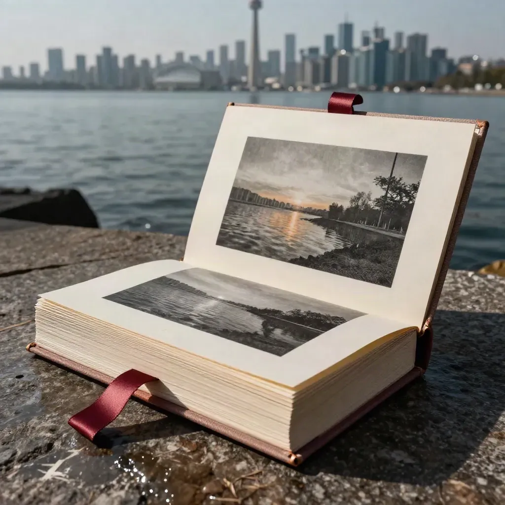 Open linen print box on wet Toronto stone with misty skyline behind.