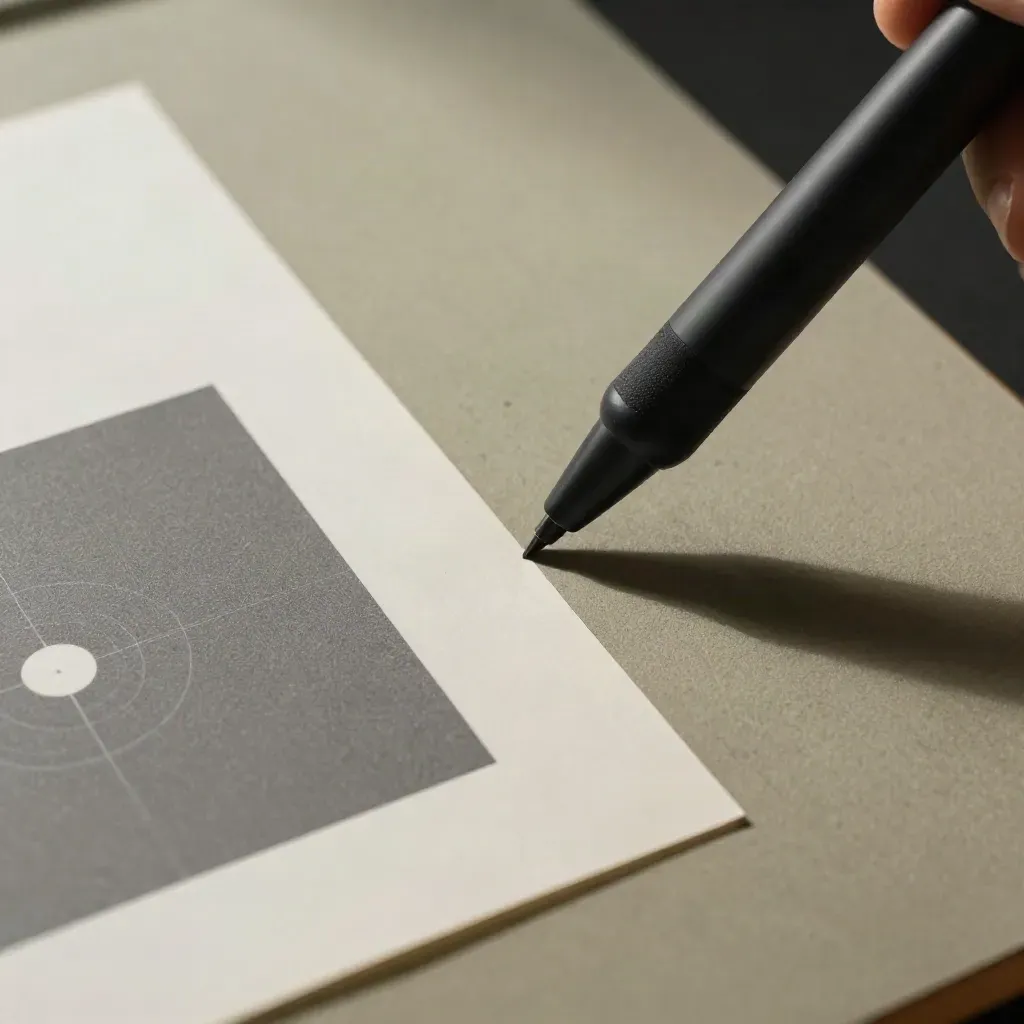 Stylus, proof print, and calibration target on a retouching surface under hard upper-left light