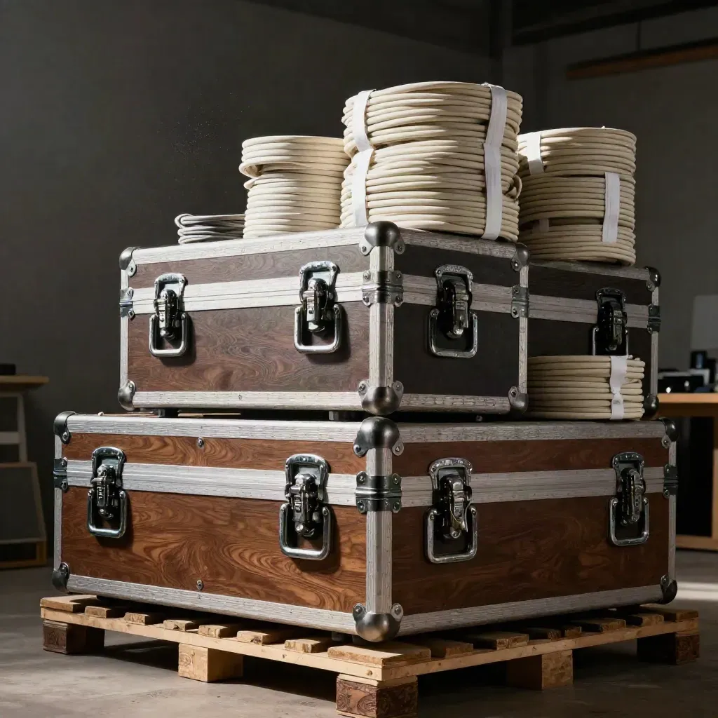 Stacked equipment cases and rigging clamps in a dim studio loading scene