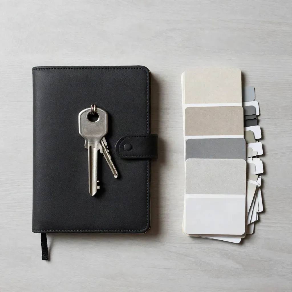 Top-down flat lay of a black notebook, keys, swatch deck and tabs on pale wood.