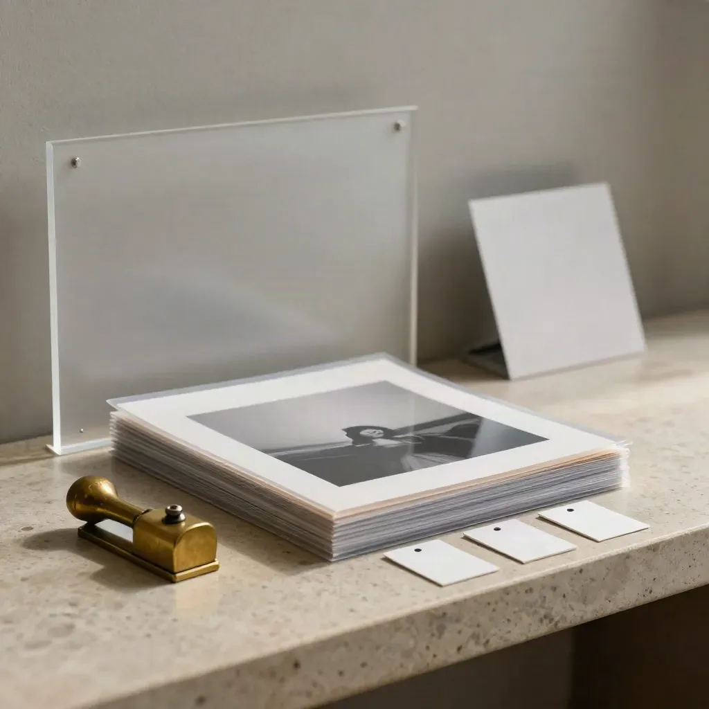 Proof prints in sleeves with brass weight and selection tabs on a stone shelf