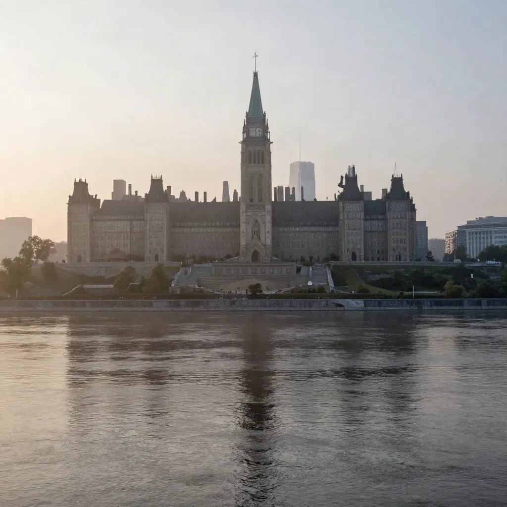 Parliament Hill above misty Ottawa River at dusk, wide limestone skyline view