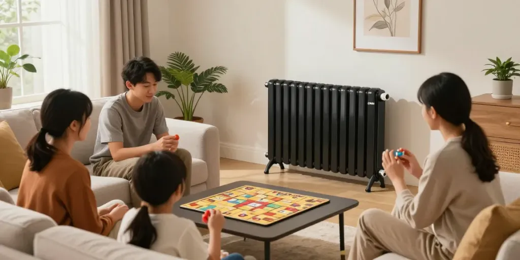 Stylish electric radiator warming a modern living room with family playing games.