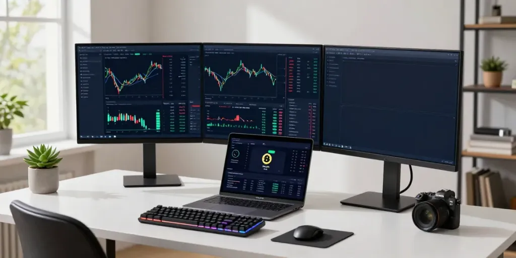 AI Trading Software in use at a professional cryptocurrency workspace with live analytics on multiple screens.